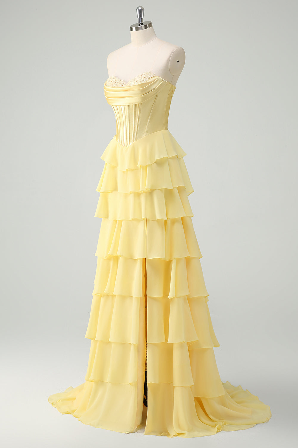 Yellow Sweetheart Corset Tiered A-Line Prom Dress with Slit