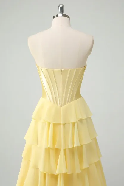 Fuchsia Sweetheart Tiered Floor Length A-Line Prom Dress with Slit