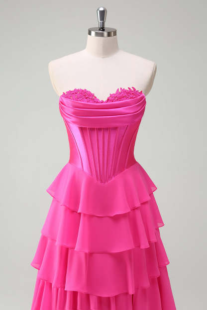 Yellow Sweetheart Corset Tiered A-Line Prom Dress with Slit