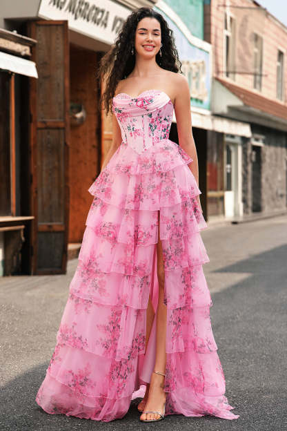 Blush Strapless Sweetheart Floral A-Line Tiered Prom Dress with Slit