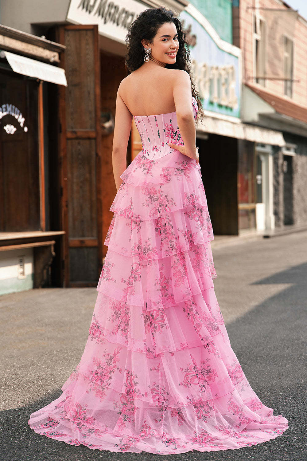 Blush Strapless Sweetheart Floral A-Line Tiered Prom Dress with Slit