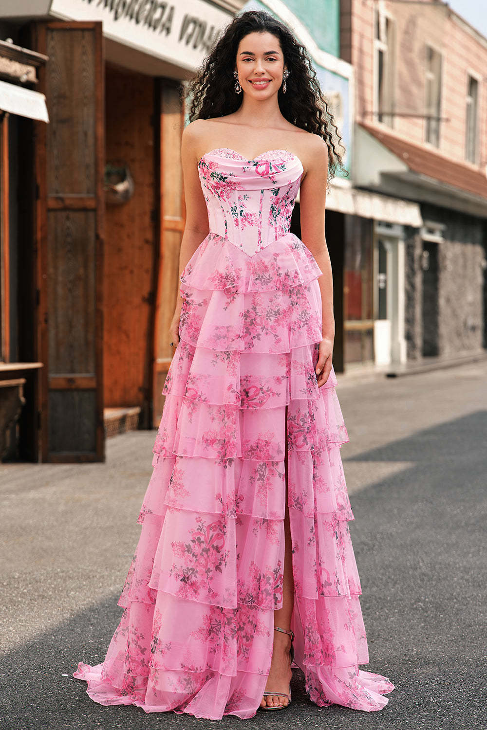 Leely Women Blush Strapless Floral A-Line Prom Dress with Slit Sweetheart Tiered Long Formal Dress
