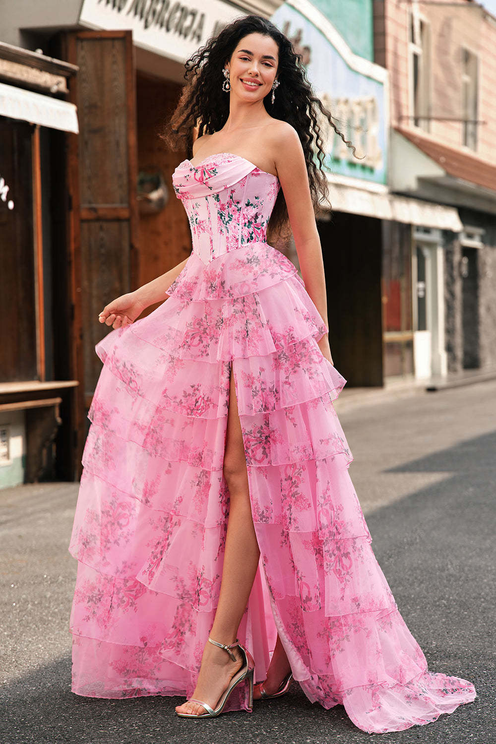 Blush Strapless Sweetheart Floral A-Line Tiered Prom Dress with Slit