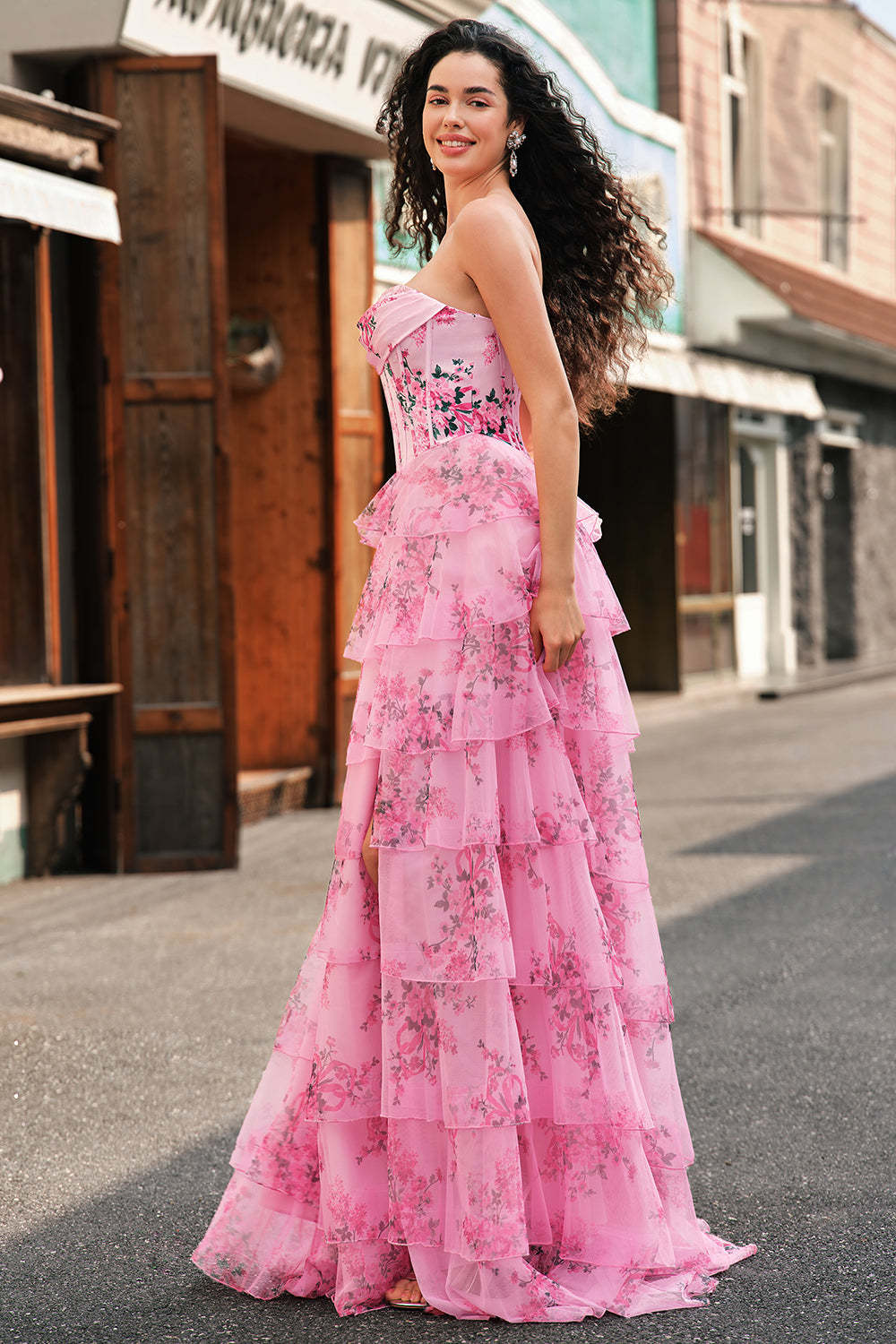 Blush Strapless Sweetheart Floral A-Line Tiered Prom Dress with Slit