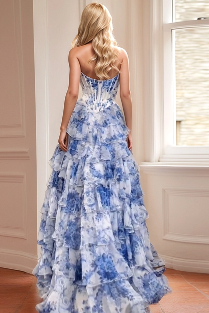 Blush Strapless Sweetheart Floral A-Line Tiered Prom Dress with Slit