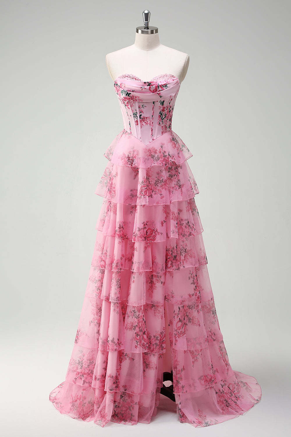 Blush Strapless Sweetheart Floral A-Line Tiered Prom Dress with Slit