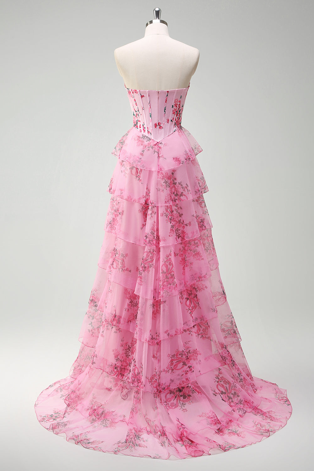 Blush Strapless Sweetheart Floral A-Line Tiered Prom Dress with Slit