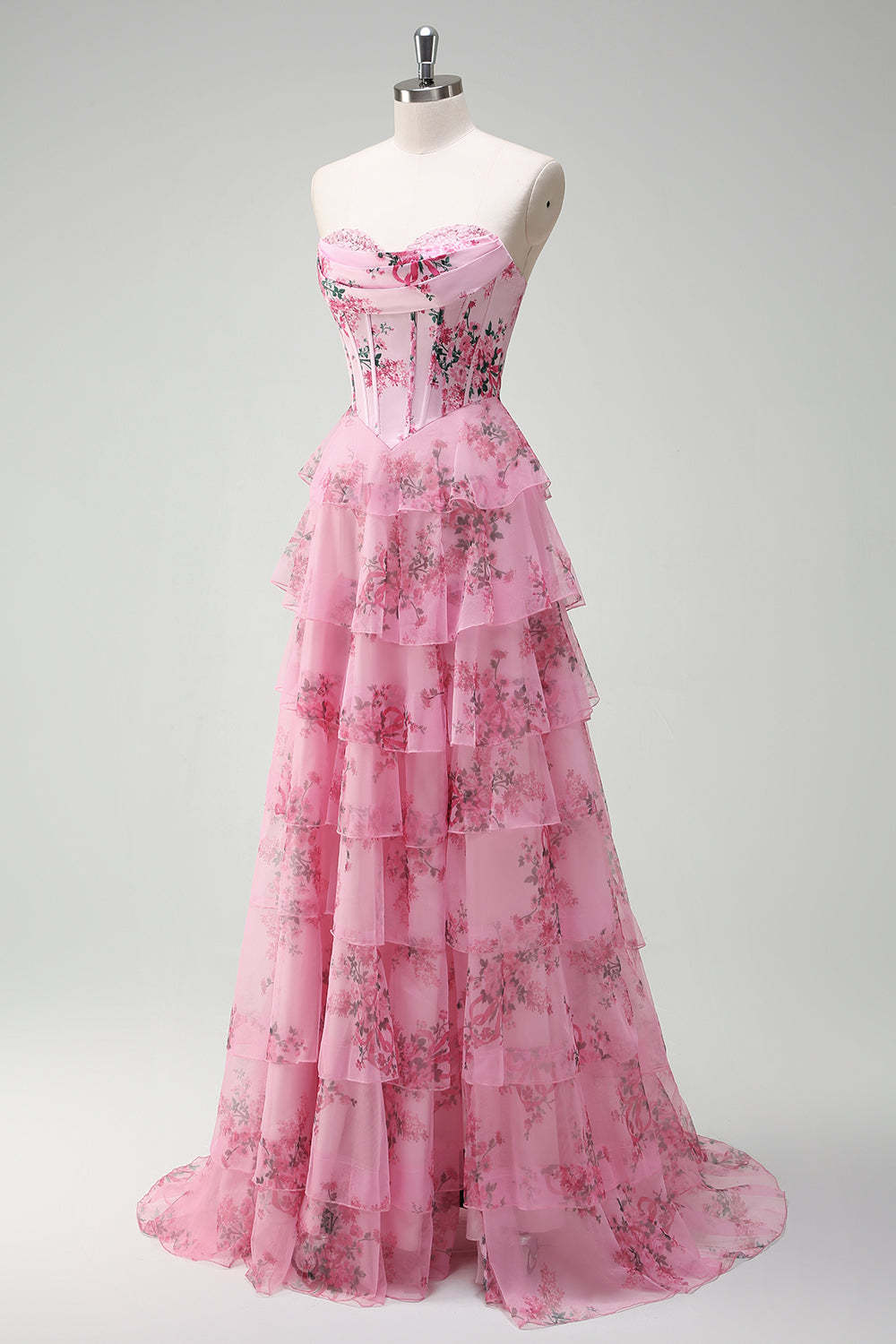 Blush Strapless Floral A-Line Tiered Prom Dress with Slit