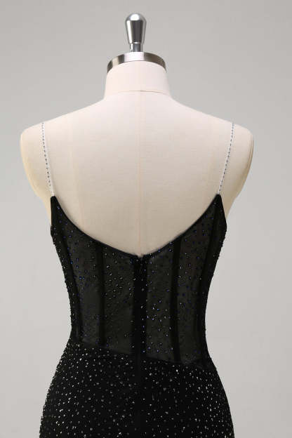 Royal Blue Spaghetti Straps Corset Beaded Mermaid Prom Dress with Slit