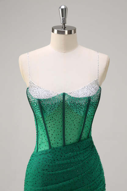 Royal Blue Spaghetti Straps Corset Beaded Mermaid Prom Dress with Slit