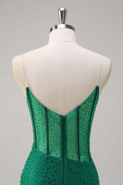 Royal Blue Spaghetti Straps Corset Beaded Mermaid Prom Dress with Slit