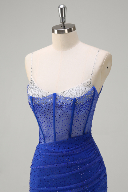 Orange Spaghetti Straps Beaded Mermaid Prom Dress with Slit