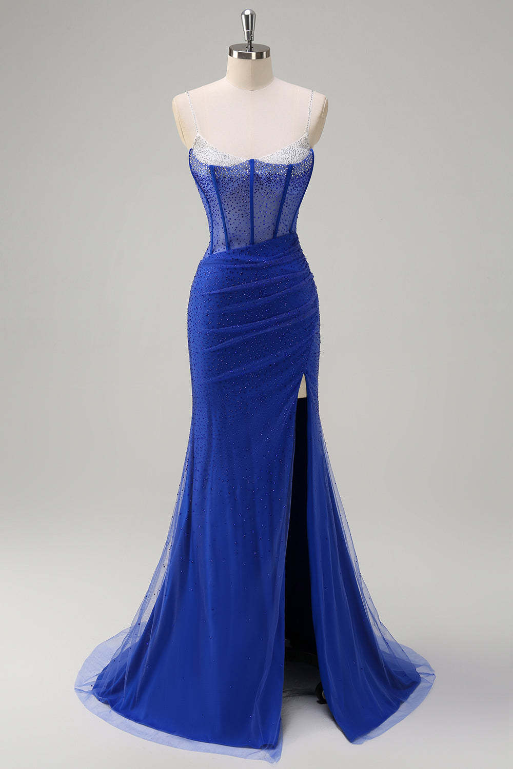 Royal Blue Spaghetti Straps Corset Beaded Mermaid Prom Dress with Slit