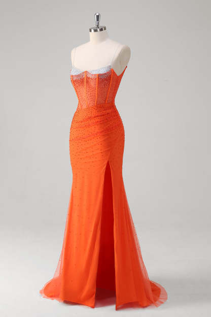 Orange Spaghetti Straps Beaded Mermaid Prom Dress with Slit