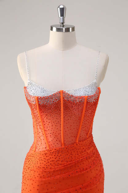 Orange Spaghetti Straps Beaded Mermaid Prom Dress with Slit