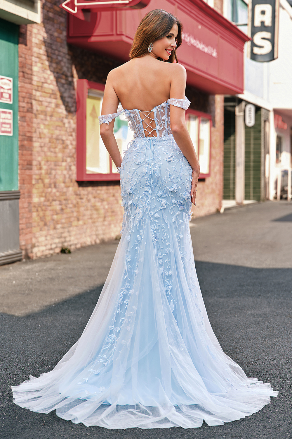 Blue Off the Shoulder Corset Applique Mermaid Prom Dress with Sequins