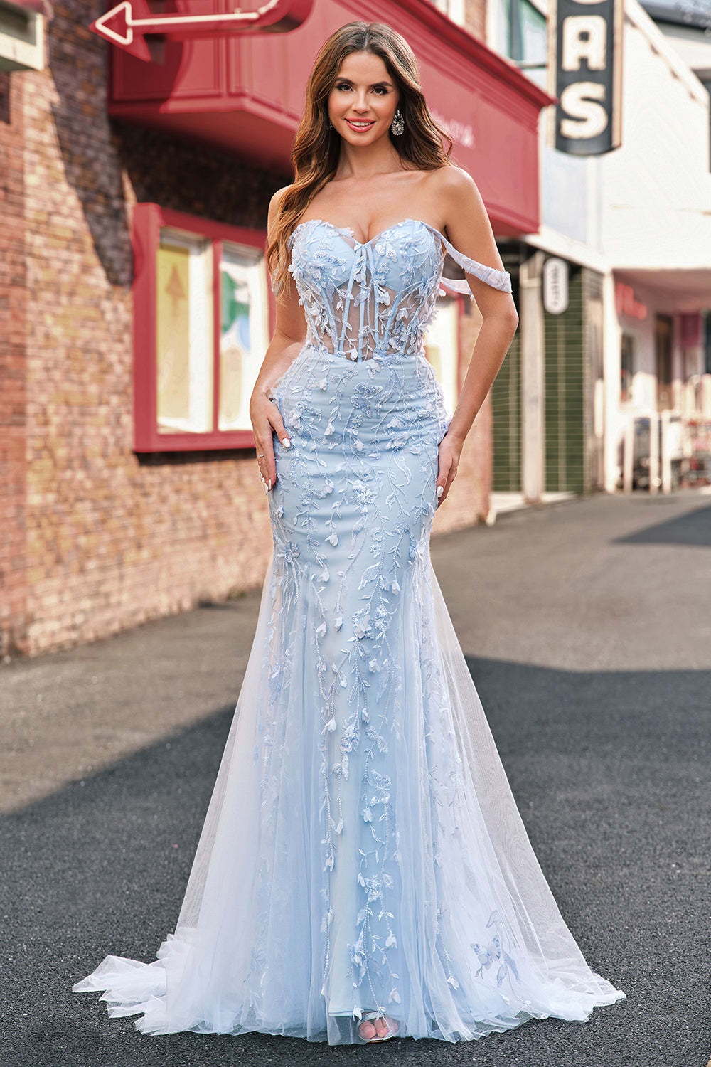 Corset Applique Blue Off the Shoulder Mermaid Prom Dress with Beading