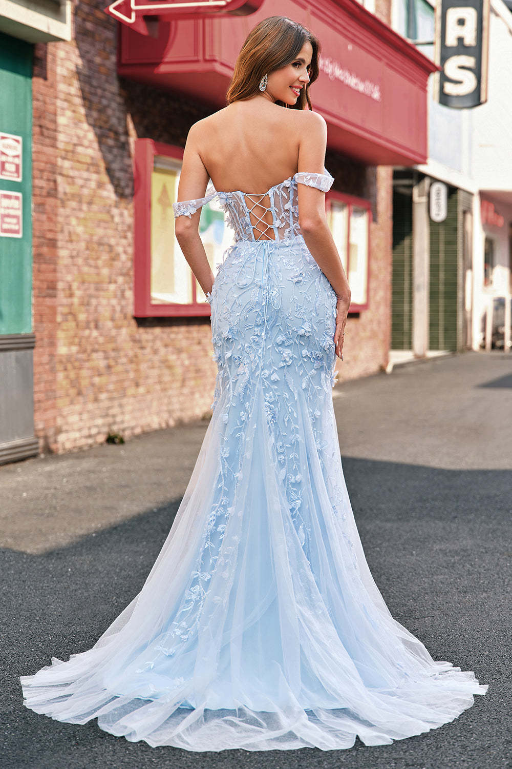 Corset Applique Blue Off the Shoulder Mermaid Prom Dress with Beading