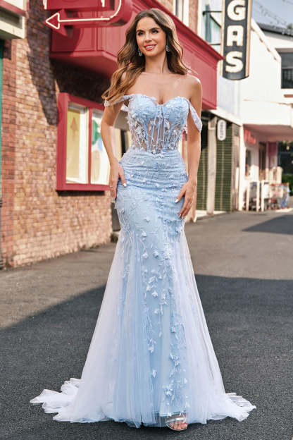 Corset Applique Blue Off the Shoulder Mermaid Prom Dress with Beading