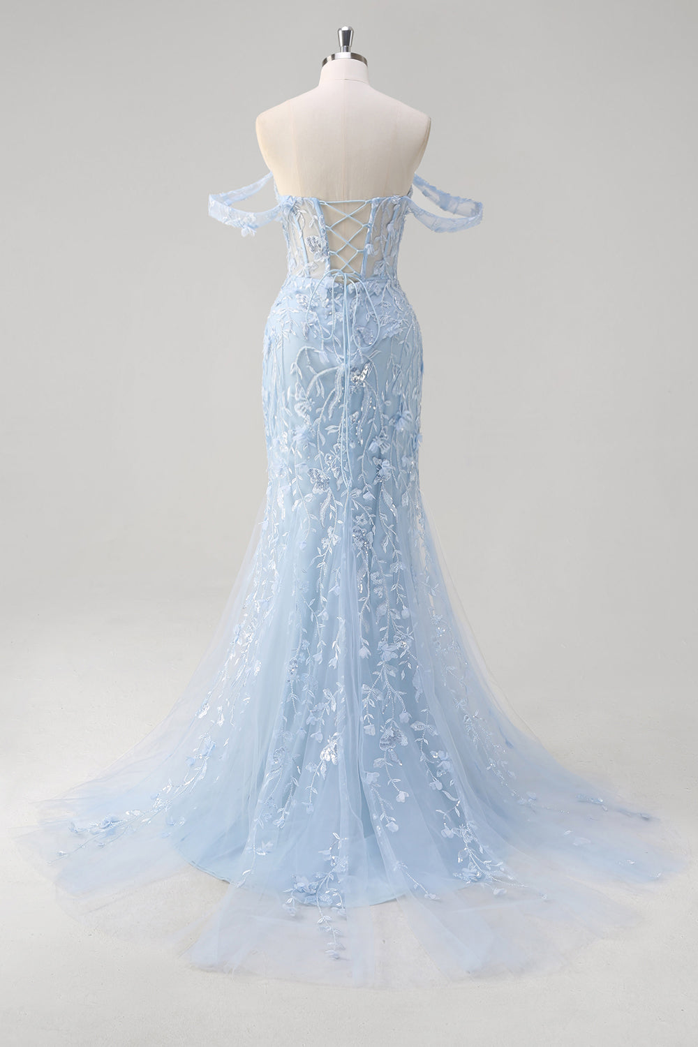 Corset Applique Blue Off the Shoulder Mermaid Prom Dress with Beading