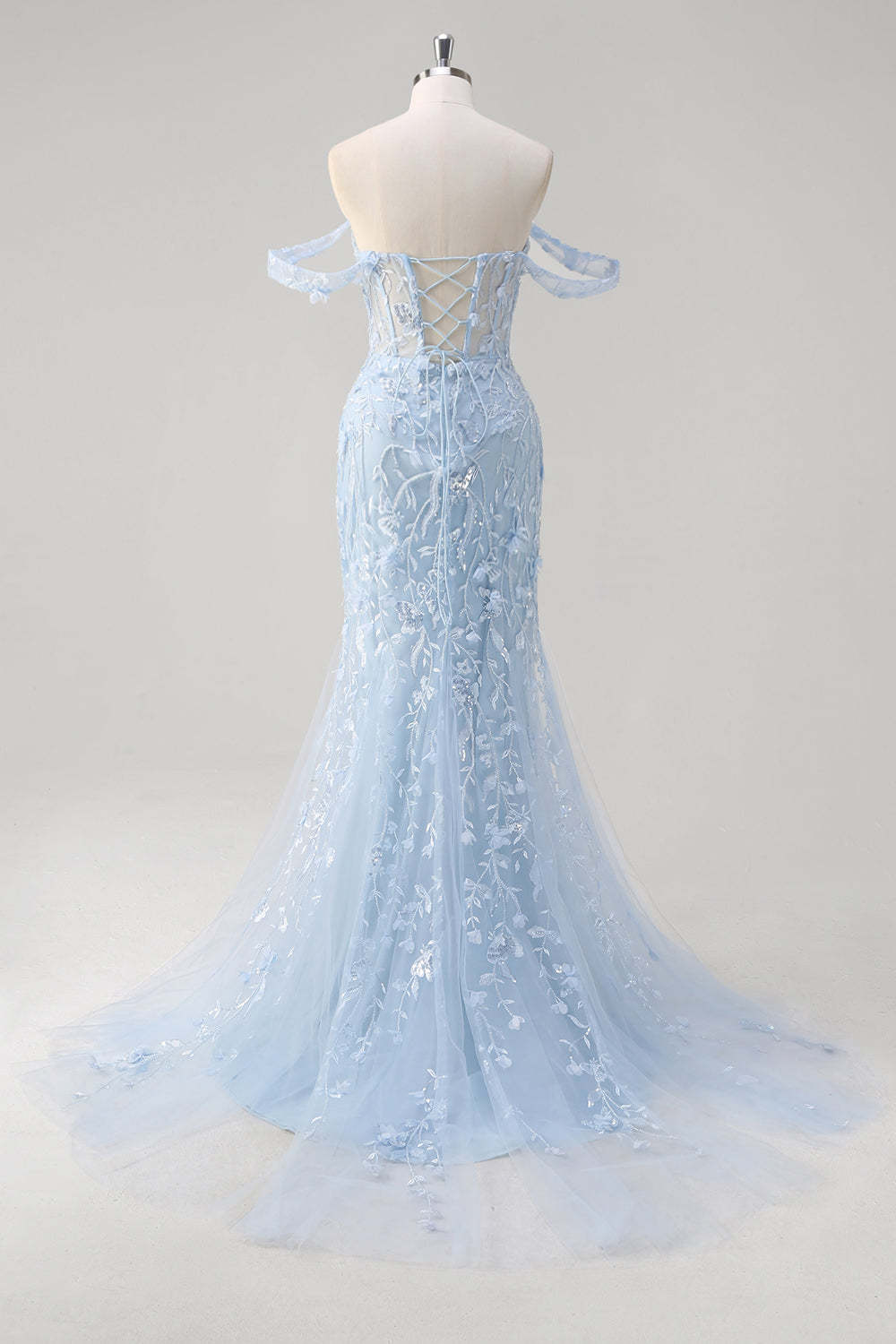 Corset Applique Blue Off the Shoulder Mermaid Prom Dress with Beading
