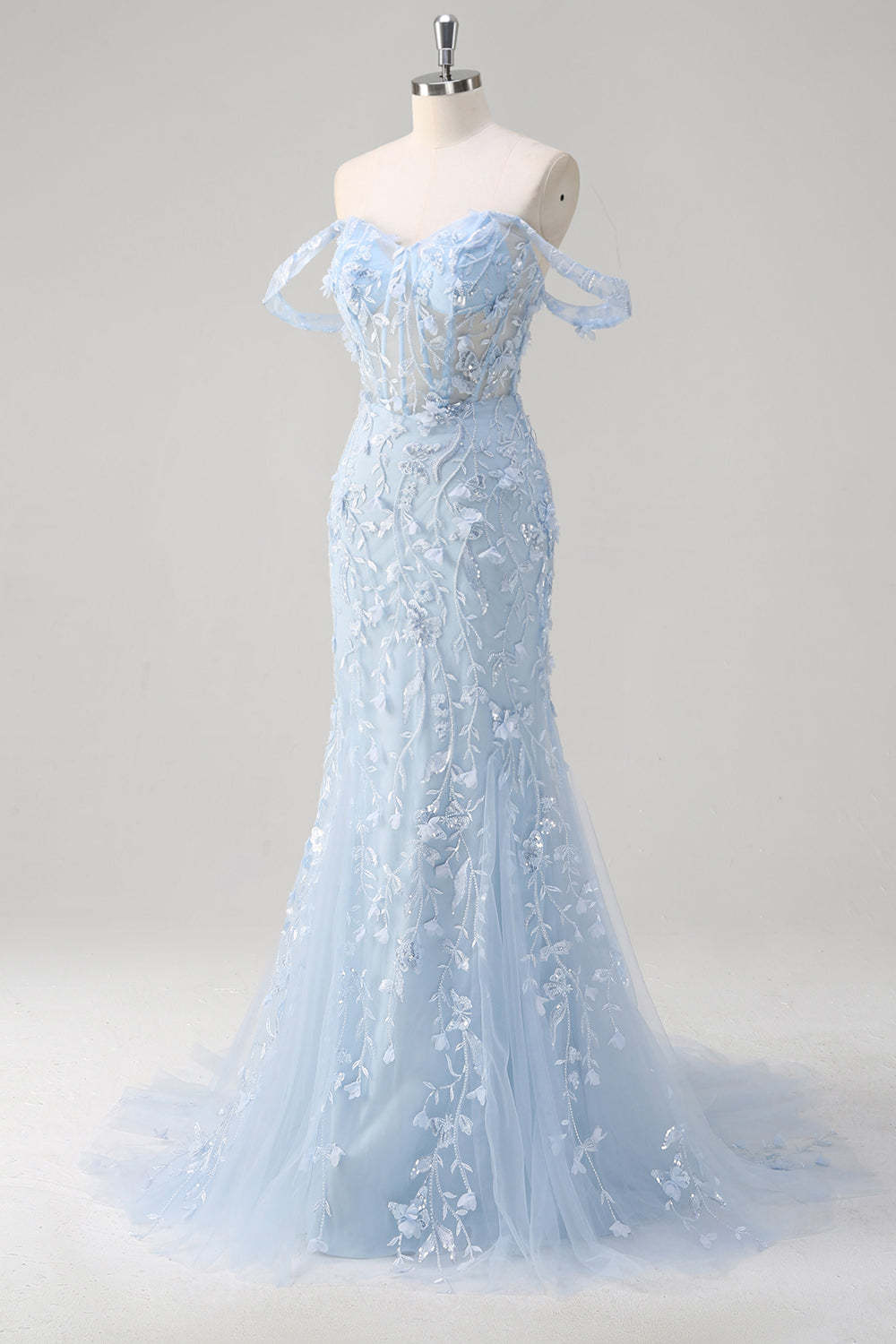 Blue Off the Shoulder Corset Applique Mermaid Prom Dress with Sequins