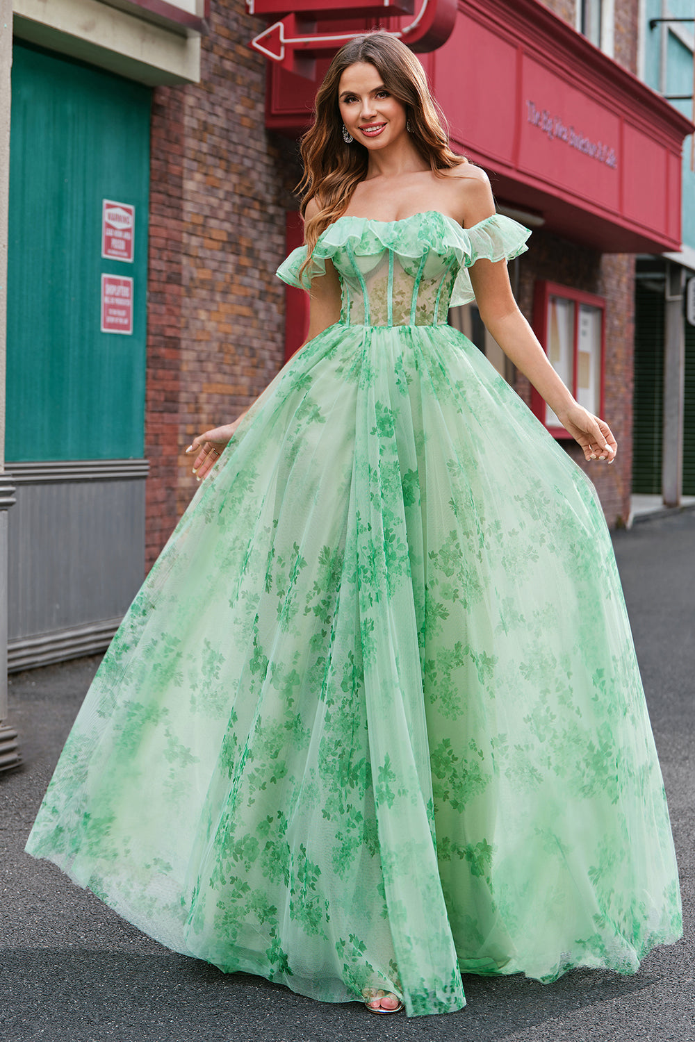 Green Off the Shoulder Corset Floral A-Line Prom Dress with Ruffle