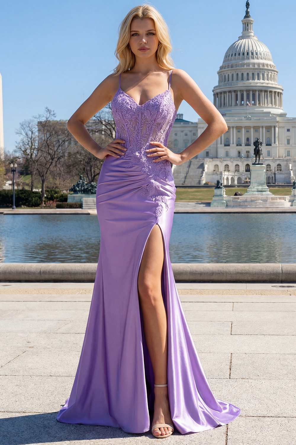 Plus Size Lilac Corset Appliqued Satin Mermaid Prom Dress with Slit