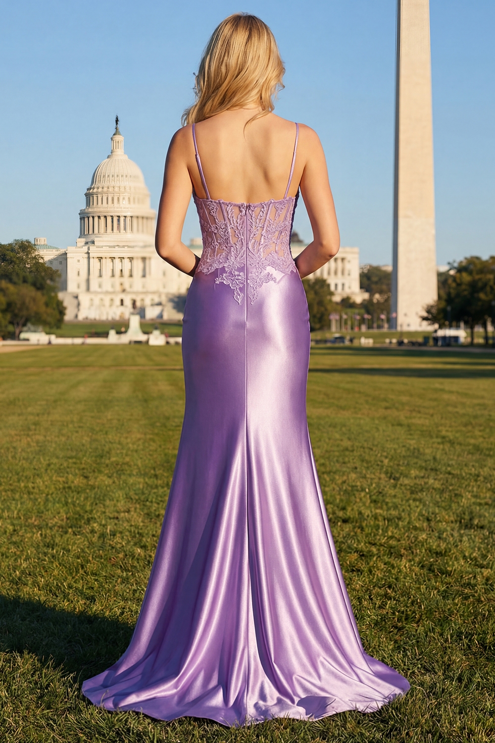 Plus Size Lilac Corset Appliqued Satin Mermaid Prom Dress with Slit
