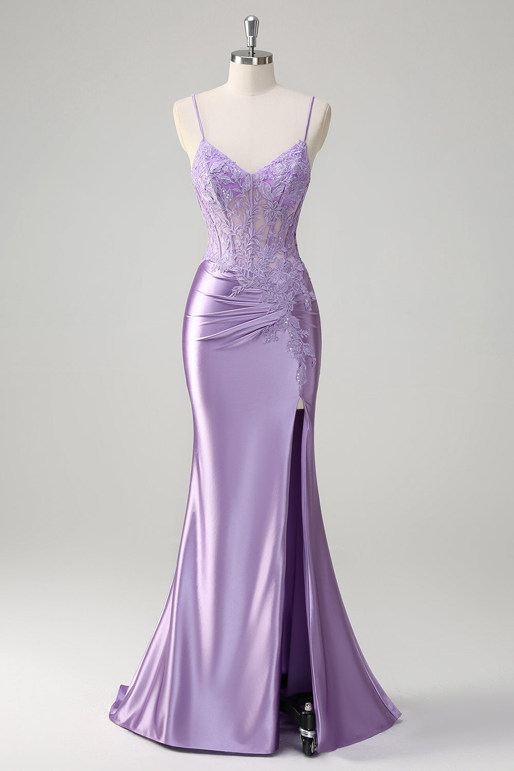 Leely Women Lilac Corset Mermaid Satin Prom Dress with Slit Applique Spaghetti Straps Long Formal Dress