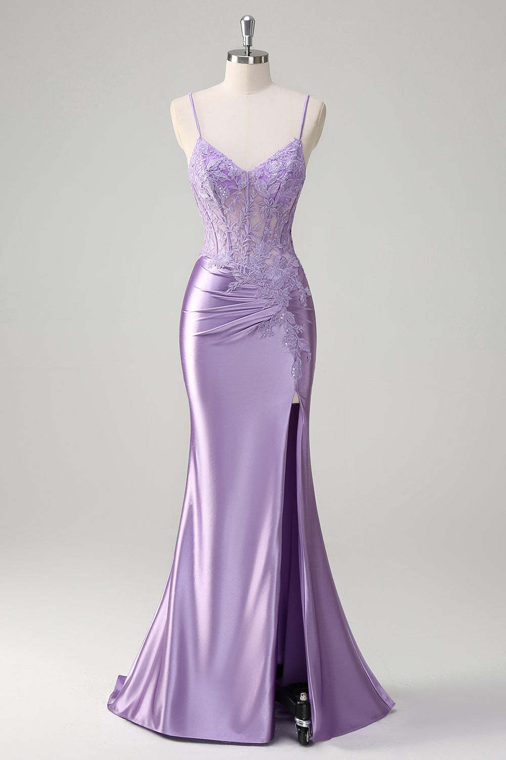 Leely Women Lilac Corset Mermaid Satin Prom Dress with Slit Applique Spaghetti Straps Long Formal Dress