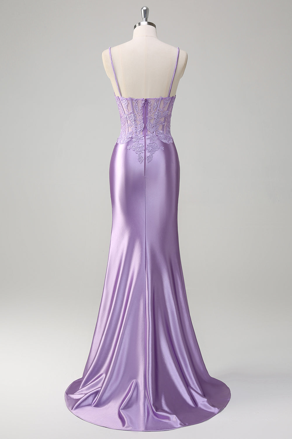 Plus Size Lilac Corset Appliqued Satin Mermaid Prom Dress with Slit