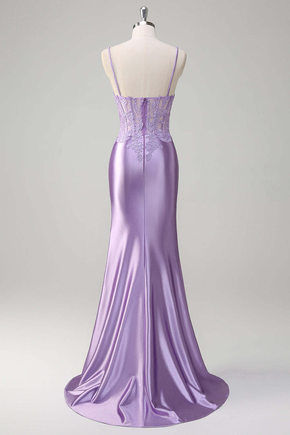 Plus Size Lilac Corset Appliqued Satin Mermaid Prom Dress with Slit