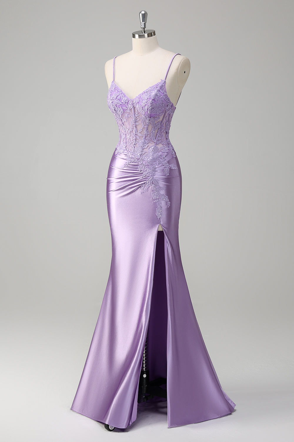 Lilac Corset Applique Mermaid Satin Prom Dress with Slit
