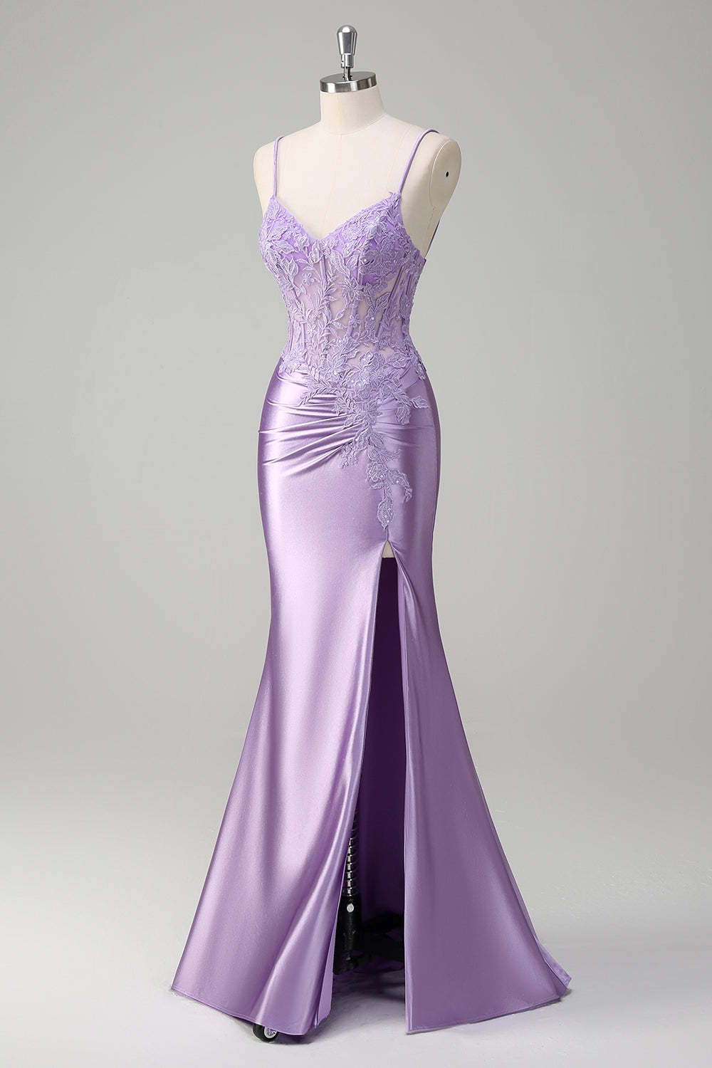 Lilac Corset Applique Mermaid Satin Prom Dress with Slit