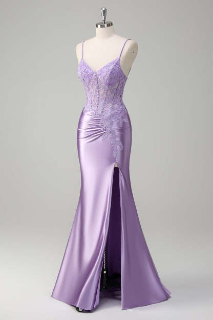 Lilac Corset Applique Mermaid Satin Prom Dress with Slit