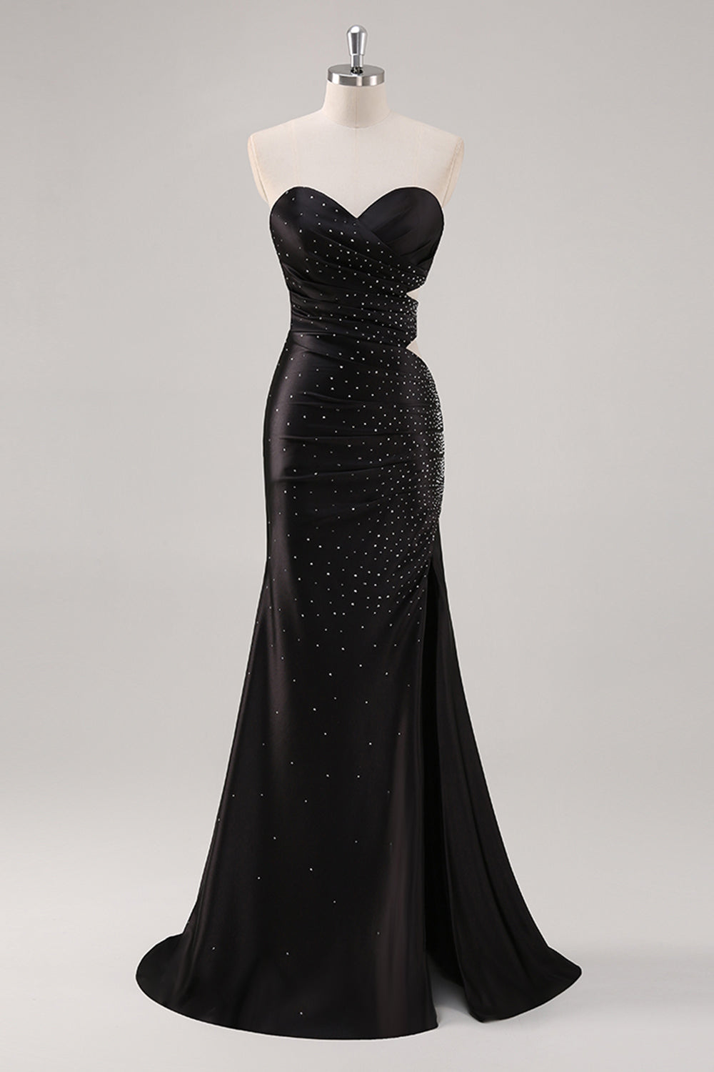 Leely Women Glitter Black Sweetheart Mermaid Prom Dress with Slit Rhinestones Strapless Cut Out Floor Length Red Carpet Dress