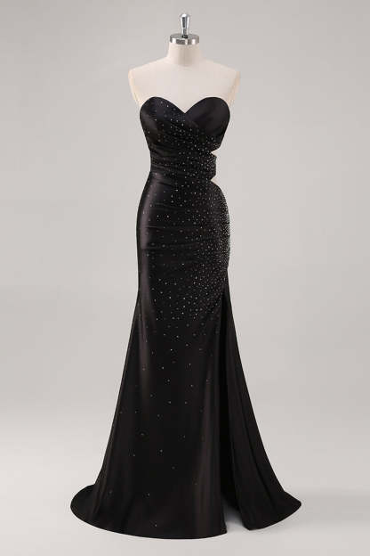 Leely Women Glitter Black Sweetheart Mermaid Prom Dress with Slit Rhinestones Strapless Cut Out Floor Length Red Carpet Dress