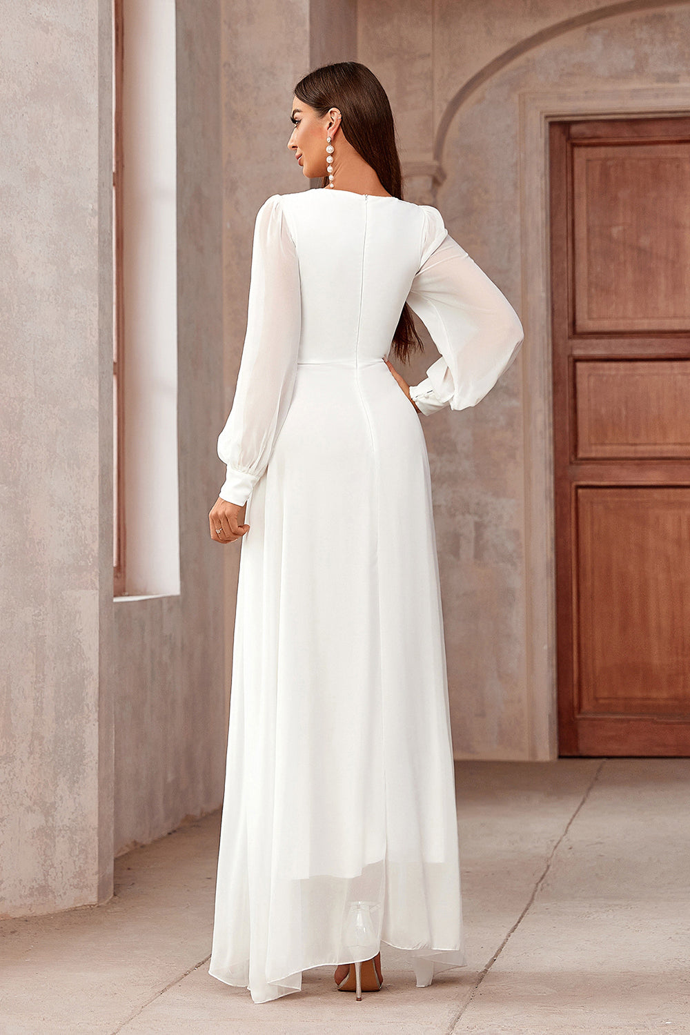 White Wrap Sleeves A-Line High-Low Long Prom Dress