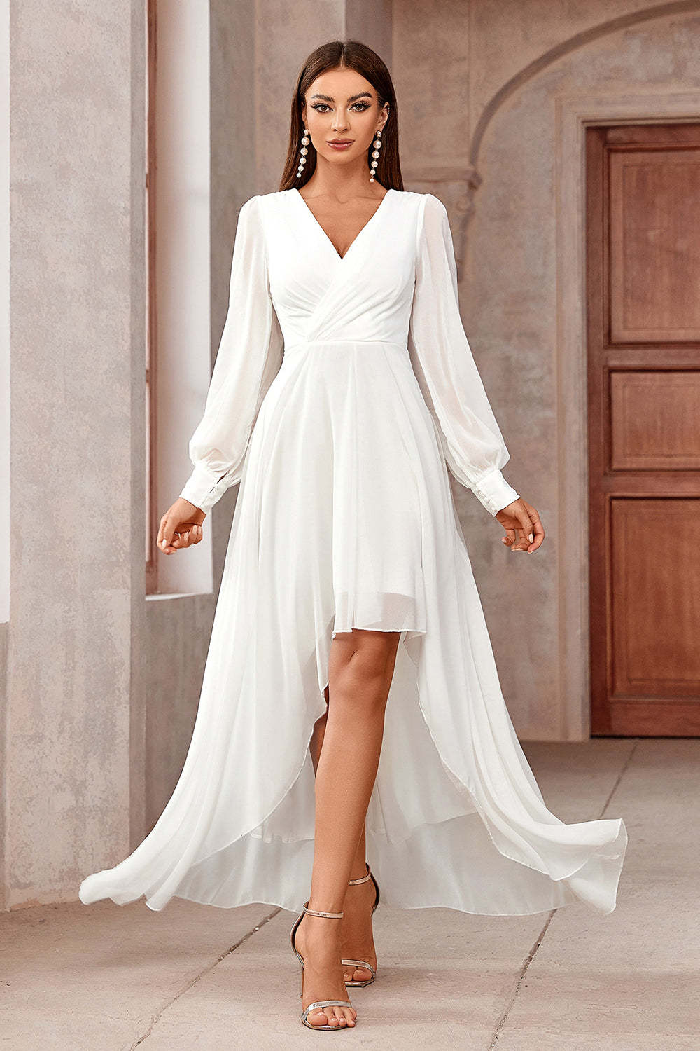 Leely Women White A-Line High-Low Party Dress Wrap V Neck Long Sleeves Formal Dress