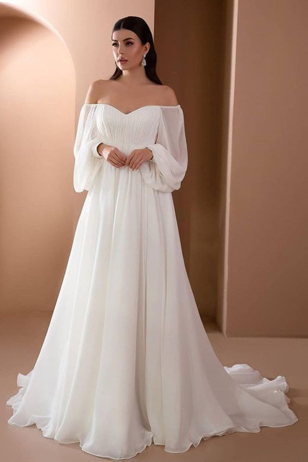 Leely Women White A-Line Long Prom Dress Off the Shoulder Long Sleeves Formal Dress with Pleated