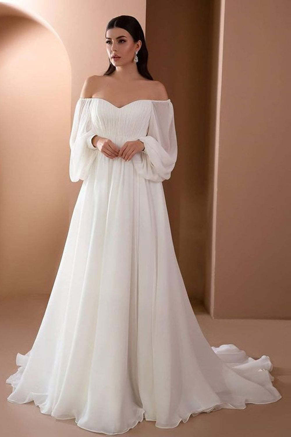 Leely Women White A-Line Long Prom Dress Off the Shoulder Long Sleeves Formal Dress with Pleated