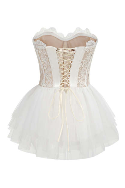 White A-Line Lace Strapless Corset Tiered Short Prom Dress