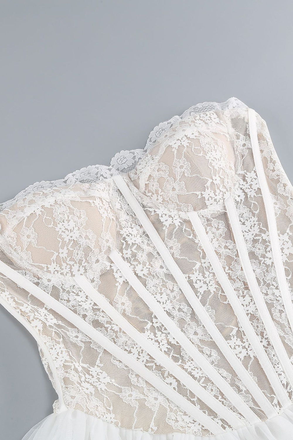 White A-Line Lace Strapless Corset Tiered Short Prom Dress