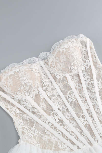 White A-Line Lace Strapless Corset Tiered Short Prom Dress