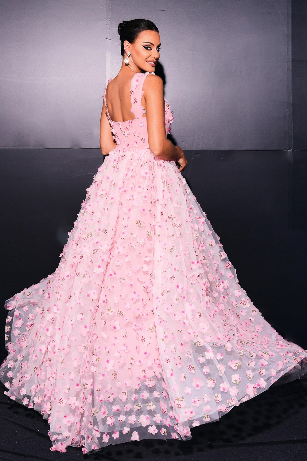 Pink A Line Tulle Appliqued Long Prom Dress with Slit