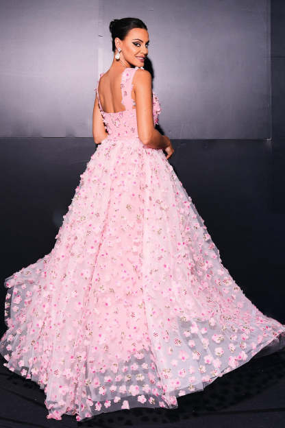 Pink A Line Tulle Appliqued Long Prom Dress with Slit