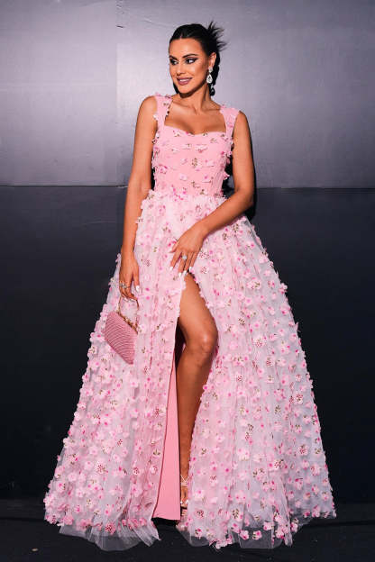 Pink A Line Tulle Appliqued Long Prom Dress with Slit