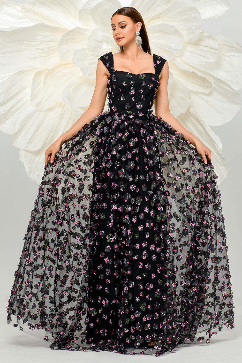 Leely Women Pink Prom Dress with Appliques A Line Tulle Slit Long Formal Dress