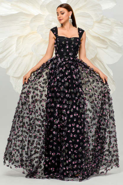 Leely Women Pink Prom Dress with Appliques A Line Tulle Slit Long Formal Dress